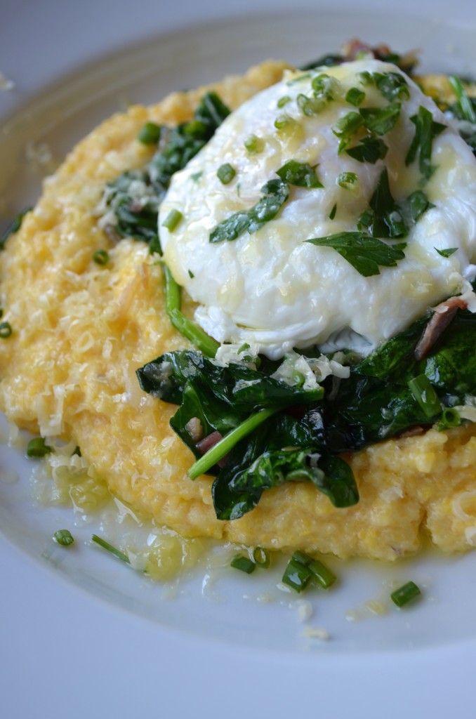 Creamy Cheddar Cheese Grits with Sautéed Spinach, Pancetta, and Poached Eggs