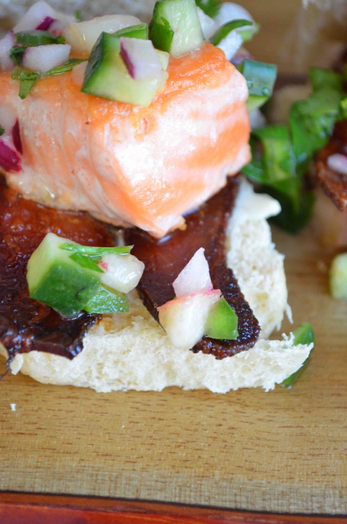 Salmon Sliders with Bacon and Cucumber + Peach Salsa